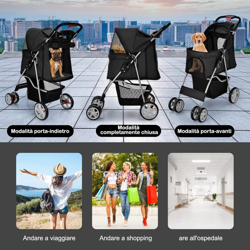 Passeggino per Cani Pieghevole, Carrozzina per Cani a 4 Ruote con Finestra a Rete Porta Bicchiere e Cesto, Passeggino Portatile per Animali Piccola e Media (Nero)
