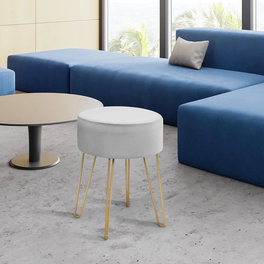 Sgabello Velluto, Ottomano Poggiapiedi, Rotondo, con Gambe in Metallo, Moderno per Soggiorno, Camera e Camerino, Portata di 100 kg, 39x39x46 cm, 4 Colori Disponibili (Grigio)