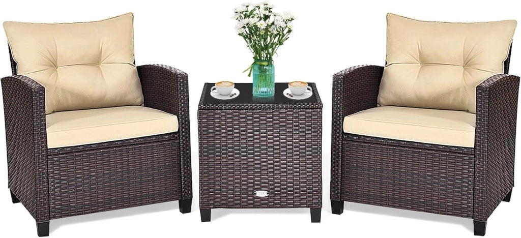 Set di Mobili da Giardino, in Rattan, 3 Pezzi Mobiletti, 1 Tavolino + 2 Poltrone, Salottino da Esterno, con Cuscini per Balcone, Giardino, Cortile, Terrazza, 3 Colori (Marrone)