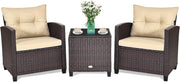 Set di Mobili da Giardino, in Rattan, 3 Pezzi Mobiletti, 1 Tavolino + 2 Poltrone, Salottino da Esterno, con Cuscini per Balcone, Giardino, Cortile, Terrazza, 3 Colori (Marrone)