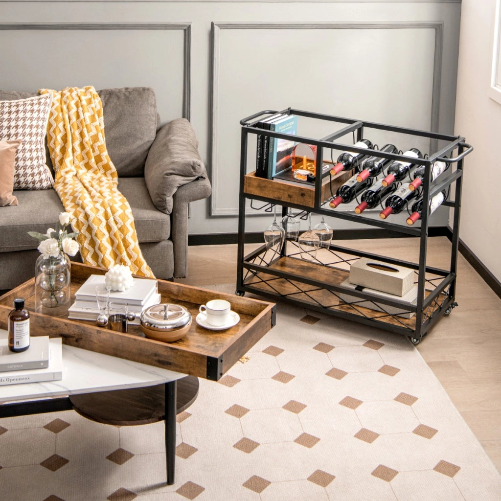 Carrello bar con vassoio rimovibile portabottiglie porta calici e ruote, Carrello cucina a 3 livelli Marrone-Portabottiglie