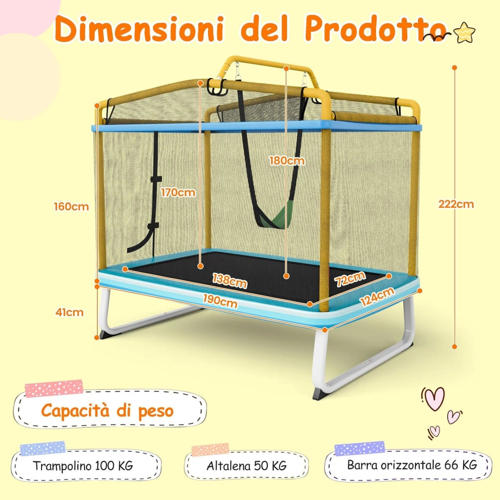 Trampolino Rettangolare per Bambini 3-in-1 190 x 124 cm, Tappetto Elastico per Bambini da Esterno ed Interno con Rete, Altalena, Barra, Copertura e Design senza Fessure