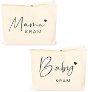 Set di borse per makeup in lino da 2 pezzi "Mama Kram"/"Baby Kram" - Ideale per la festa di compleanno del bambino - Beige - Borse in tela di alta qualità - Dimensioni 23 x 16 x 5 cm - Borse per toilette
