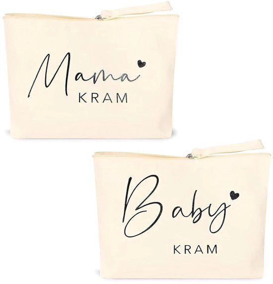 Set di borse per makeup in lino da 2 pezzi "Mama Kram"/"Baby Kram" - Ideale per la festa di compleanno del bambino - Beige - Borse in tela di alta qualità - Dimensioni 23 x 16 x 5 cm - Borse per toilette