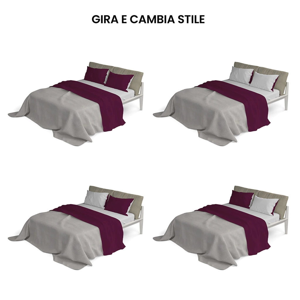 Set Lenzuola Matrimoniale Sopra Sotto e Federe Doubleface Prugna/Grigio Chiaro