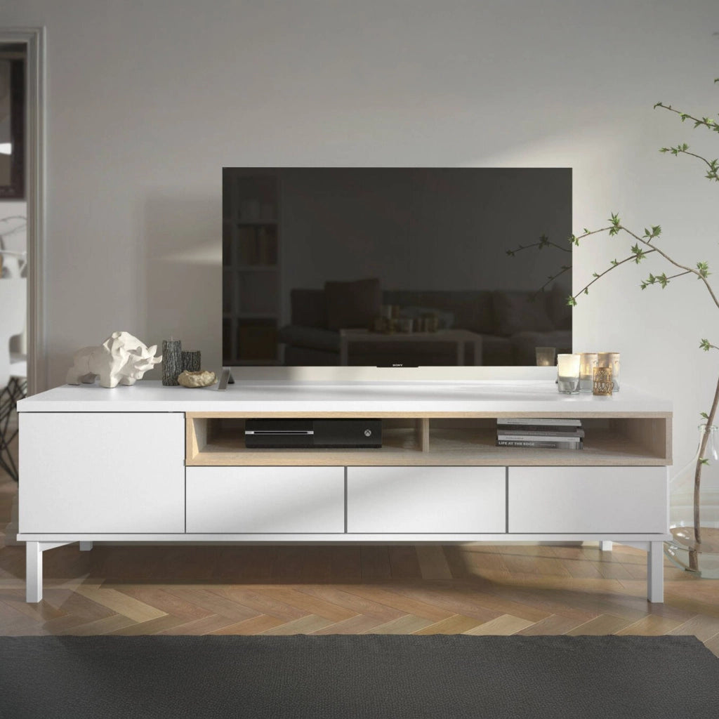 Mobile porta TV Rosata, Credenza da soggiorno, Armadio basso per TV, Base parete attrezzata, 156x48 h48 cm, Bianco e Quercia