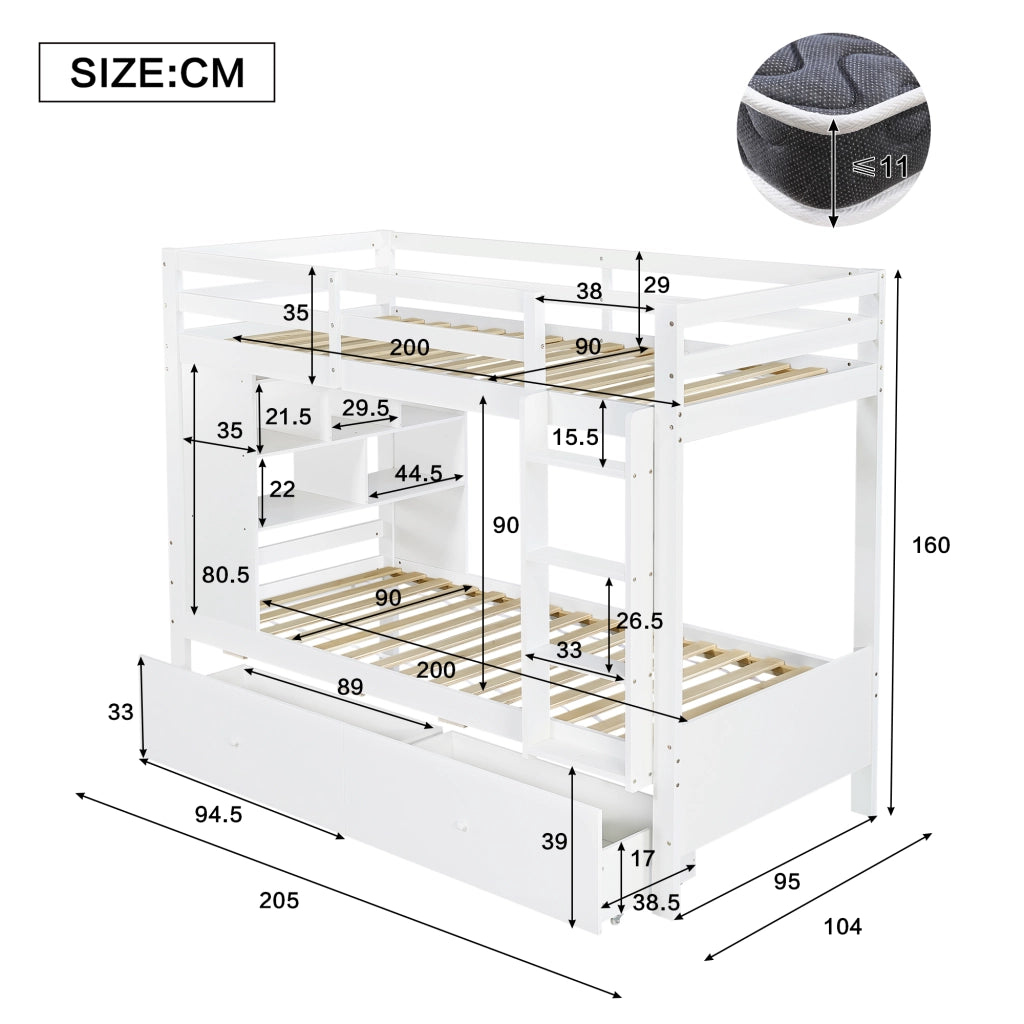 Letto a Castello 90 x 200 cm e 90 x 200 cm; 2 Posti - 2 Cassetti; Scala e Scaffale