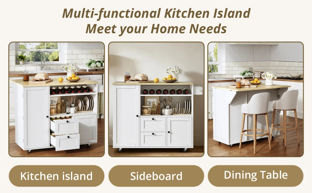 Isola cucina con piano ribaltabile, 2 cassetti, portabottiglie, portarotolo e ruote bloccabili, 104 × 45(69) × 89 cm