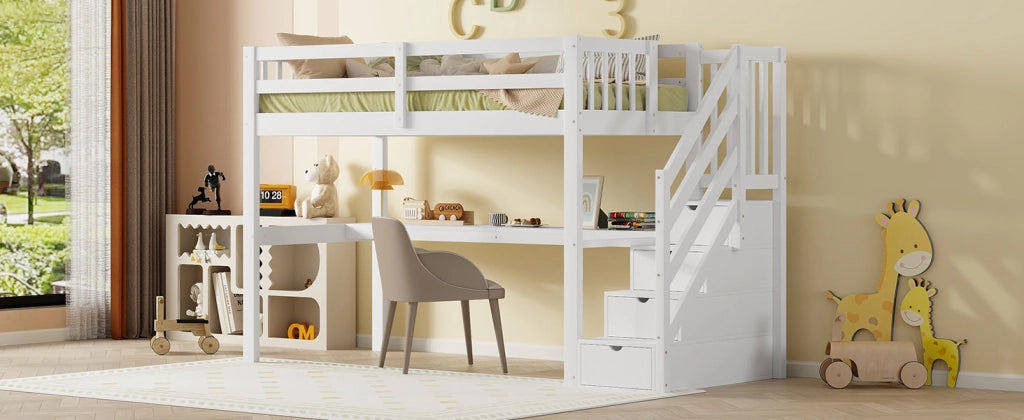 DESMIU Letto a Soppalco 1 Posto con Contenitore, Scrivania e Scala 90 × 200 cm, Senza Materasso, Bianco