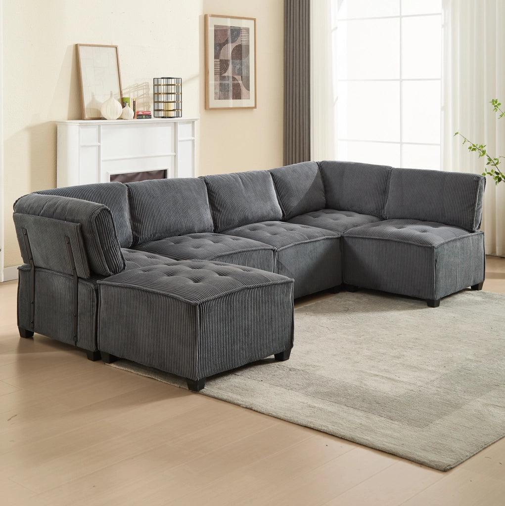Divano modulare 6 posti in corduroy grigio; componibile in U o L; 308x154x81;99 cm