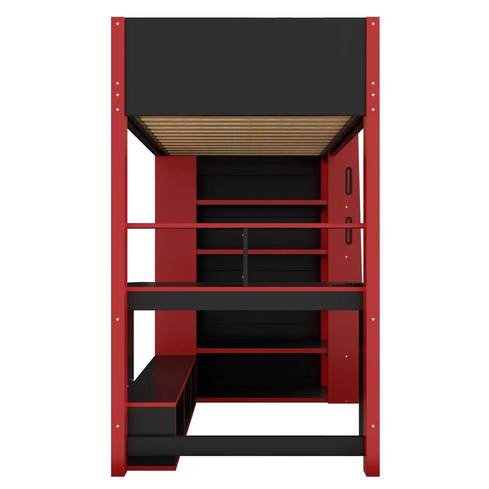 Letto a Soppalco con Scrivania ¨C Xylo ¨C Legno, LED, Scala con Cassetti, Nero, 90x200