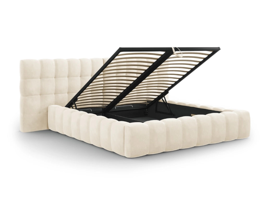 Cosmopolitan Design - Letto a cassettone con testiera doppia "Bali" 140x200cm in velluto beige chiaro 