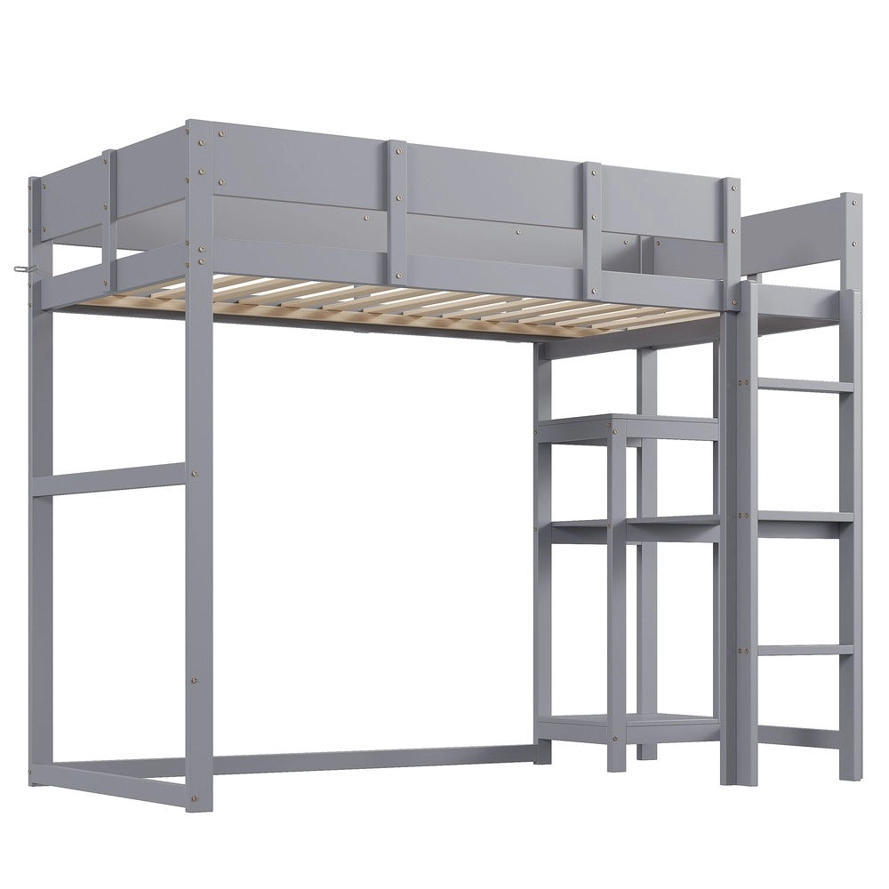 Letto a Soppalco con Ripiano ¨C Xylo ¨C Pino Massello, Grigio, 90x200