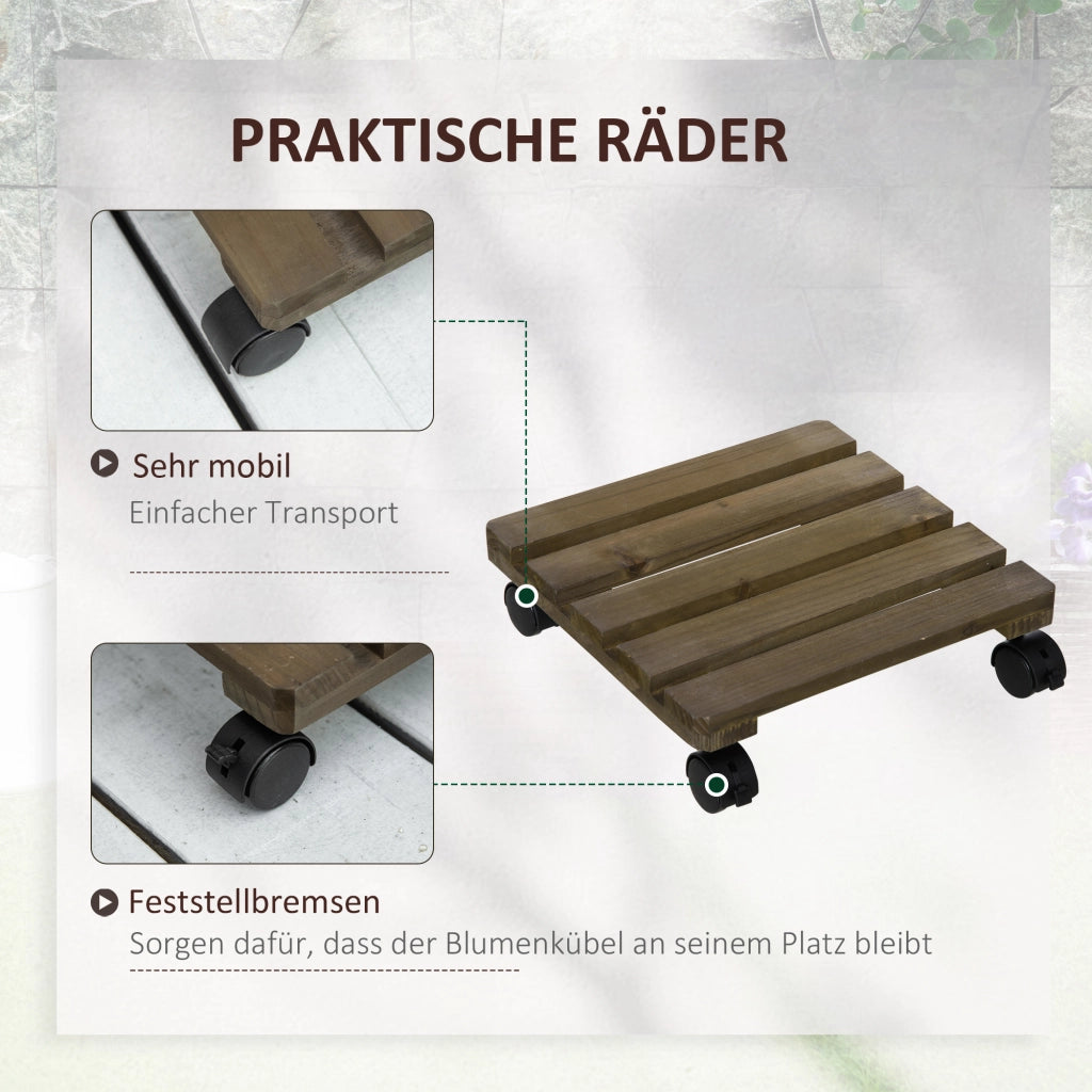 Set 2 Supporti per Piante con Ruote ¨C Xylo ¨C Legno Massello Marrone Nero 30x30x7cm