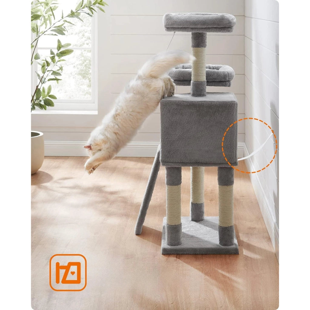 Tiragraffi per gatti a torre con cuccia e amaca grigio chiaro