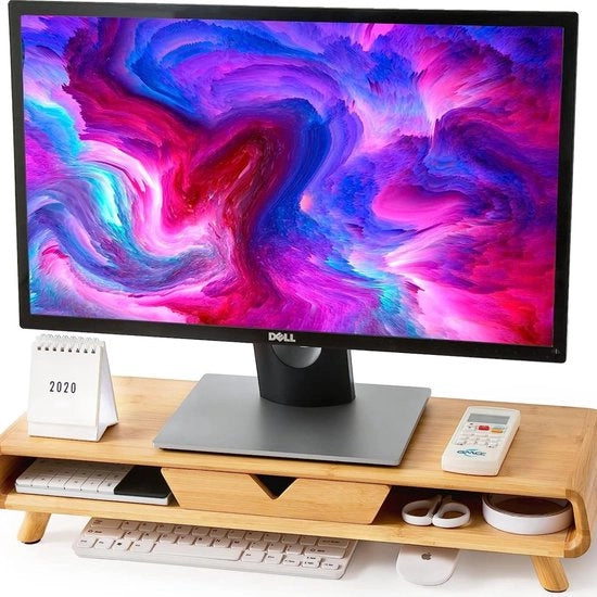 Monitorstandaard in legno di bambù, senza montaggio necessario, monitorstandaard con cassetto, elegante, sollevamento schermo, scrivania (in bambù)