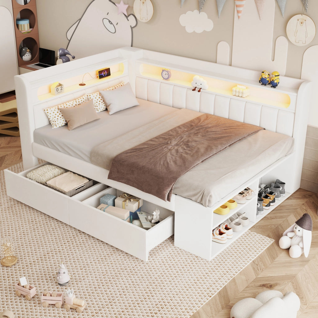 Letto imbottito 90x200 cm con LED; USB; due cassetti e scarpiera; bianco