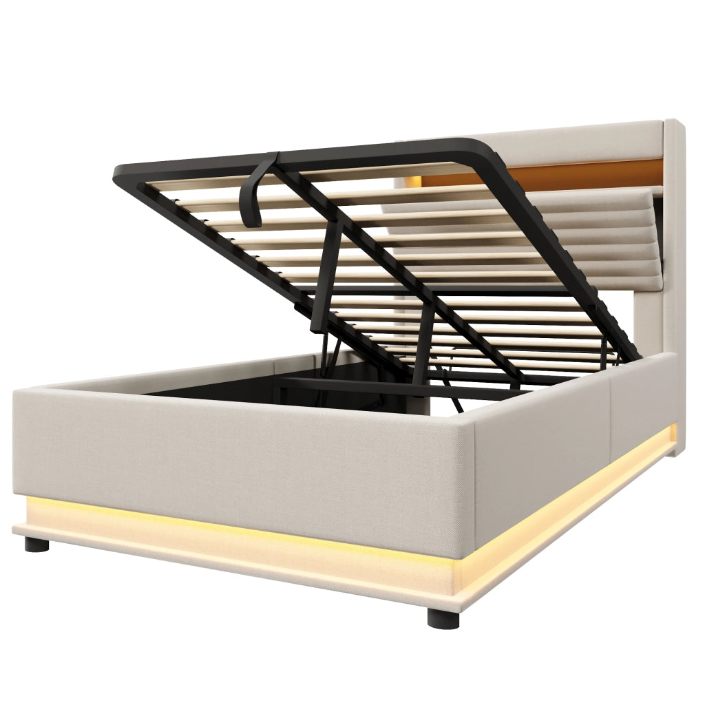Letto contenitore imbottito 90x200 cm con apertura ribaltabile; LED tramite pulsante e App; USB-C; lino beige
