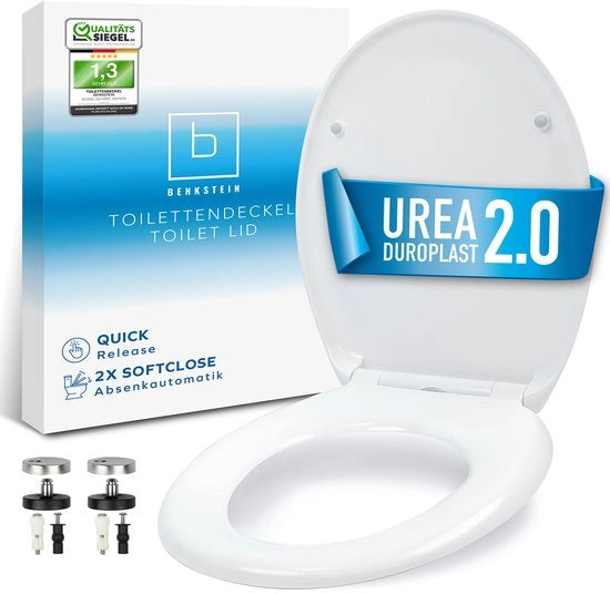 Sedile WC Premium - Sedia Piatto con Lente Ovale Bianco - Sedia Piatto Funzione di Rilascio Rapido - Sedile WC Softclose - Sedia Piatto Cerniera Duroplast/Ferro Inox