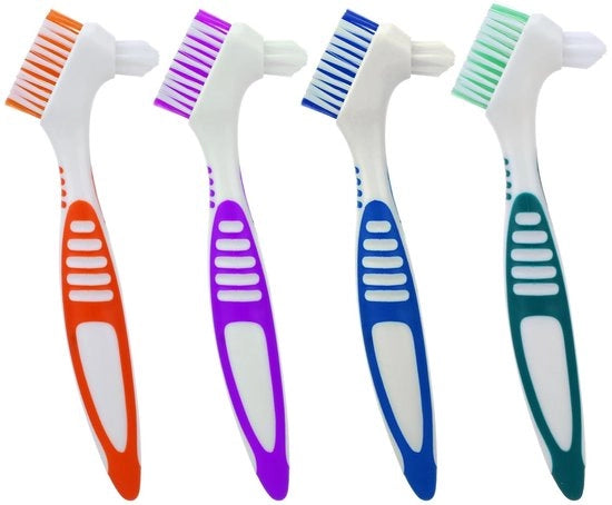 Set di Spazzole per Protesi 4 pezzi - Spazzola per Dentiera con Doppio Capo - Spazzola per Pulizia Protesi - Setole a Multi Strati - Materiale PP e Nylon - Lunghezza 16cm, Larghezza 3.3cm - Spazzola per Protesi