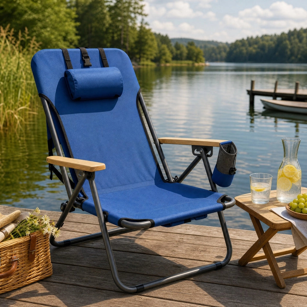 Sedia pieghevole relax da esterno con schienale regolabile a 4 posizioni; blu; in tessuto Oxford e metallo