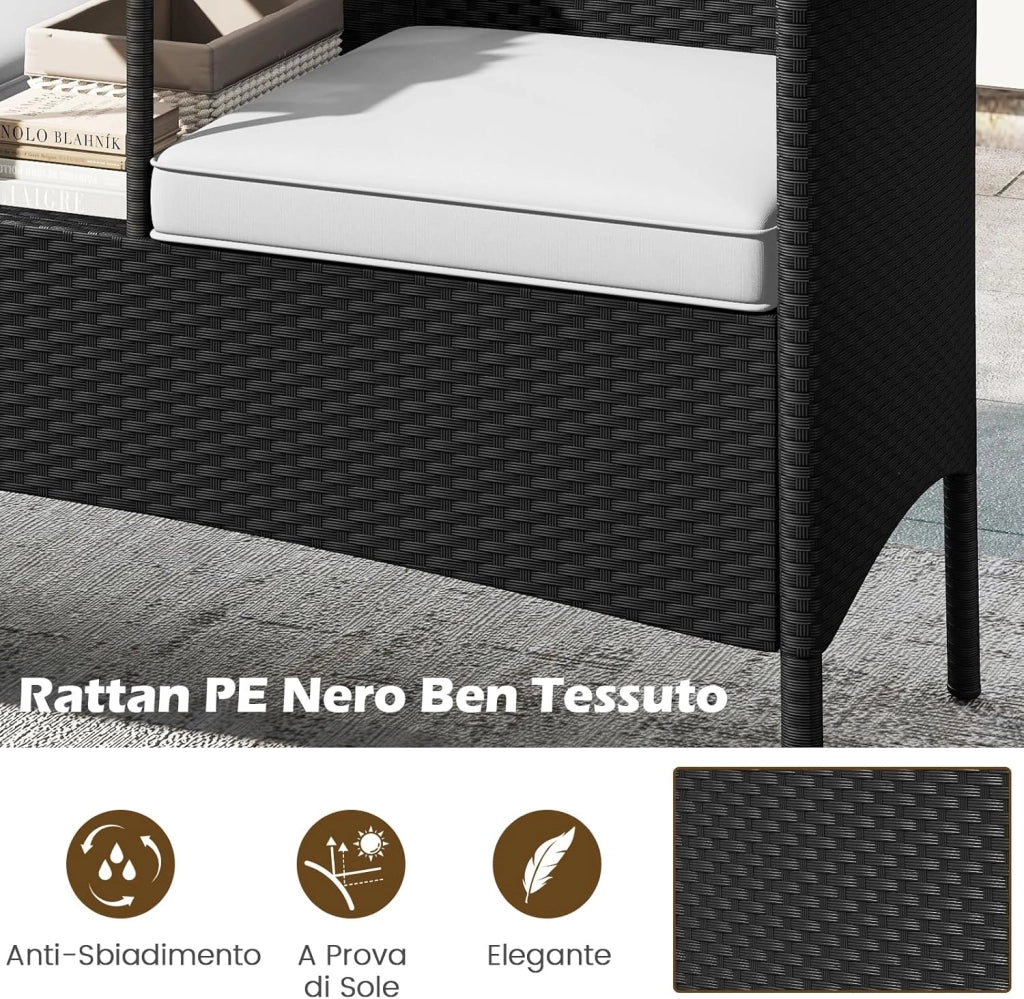 Panchina da Giardino in Rattan PE 62 x 124 x 84 cm, Divano da Esterno con Tavolino in Vetro Temperato e Cuscini Imbottiti, Poltrona con 2 Posti per Balcone, Piscina e Cortile (Bianco)