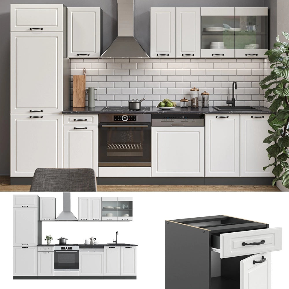 Cucina componibile R-Line Bianco rustico/Antracite 300 cm, PL Rovere Vicco