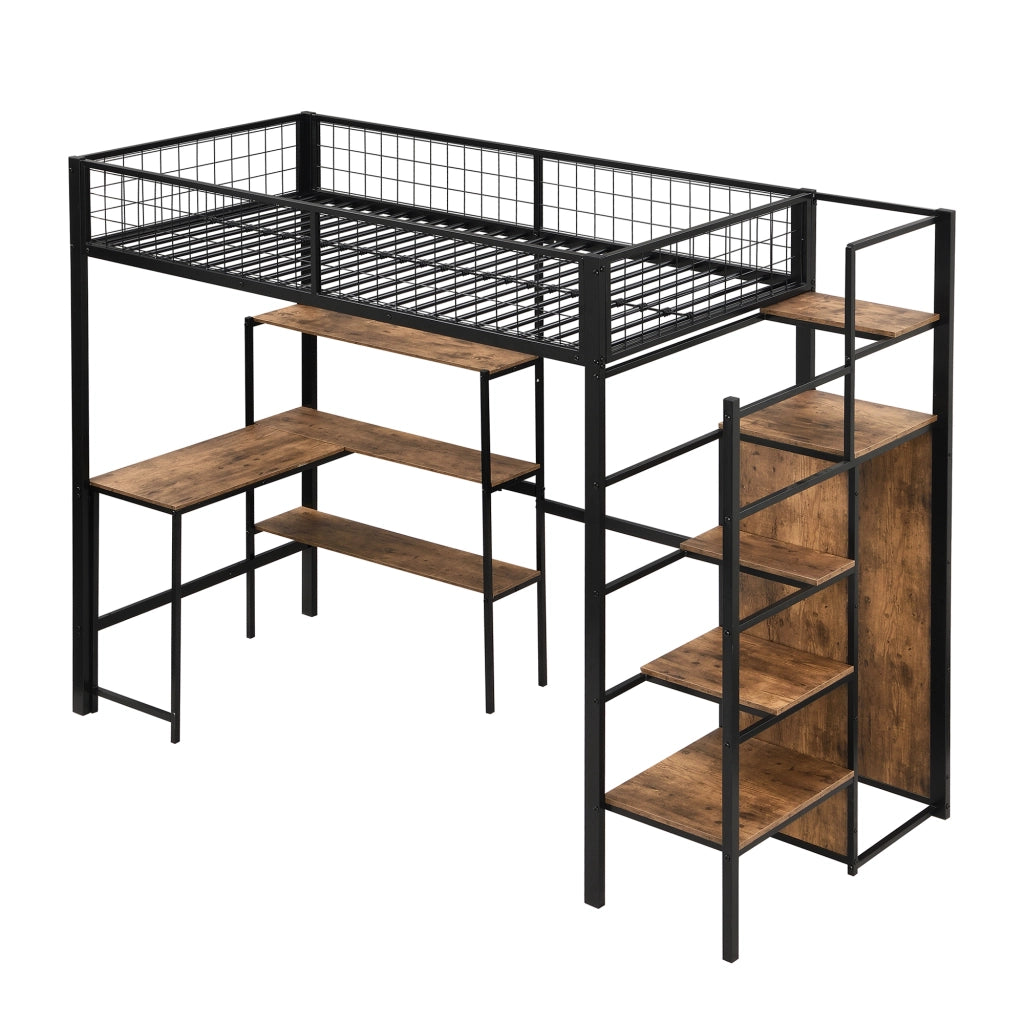 OKWISH Letto a Soppalco 90×200 cm, Letto Singolo con Scrivania, Mensole e Armadio, senza Materasso, in Metallo e MDF, Nero e Marrone