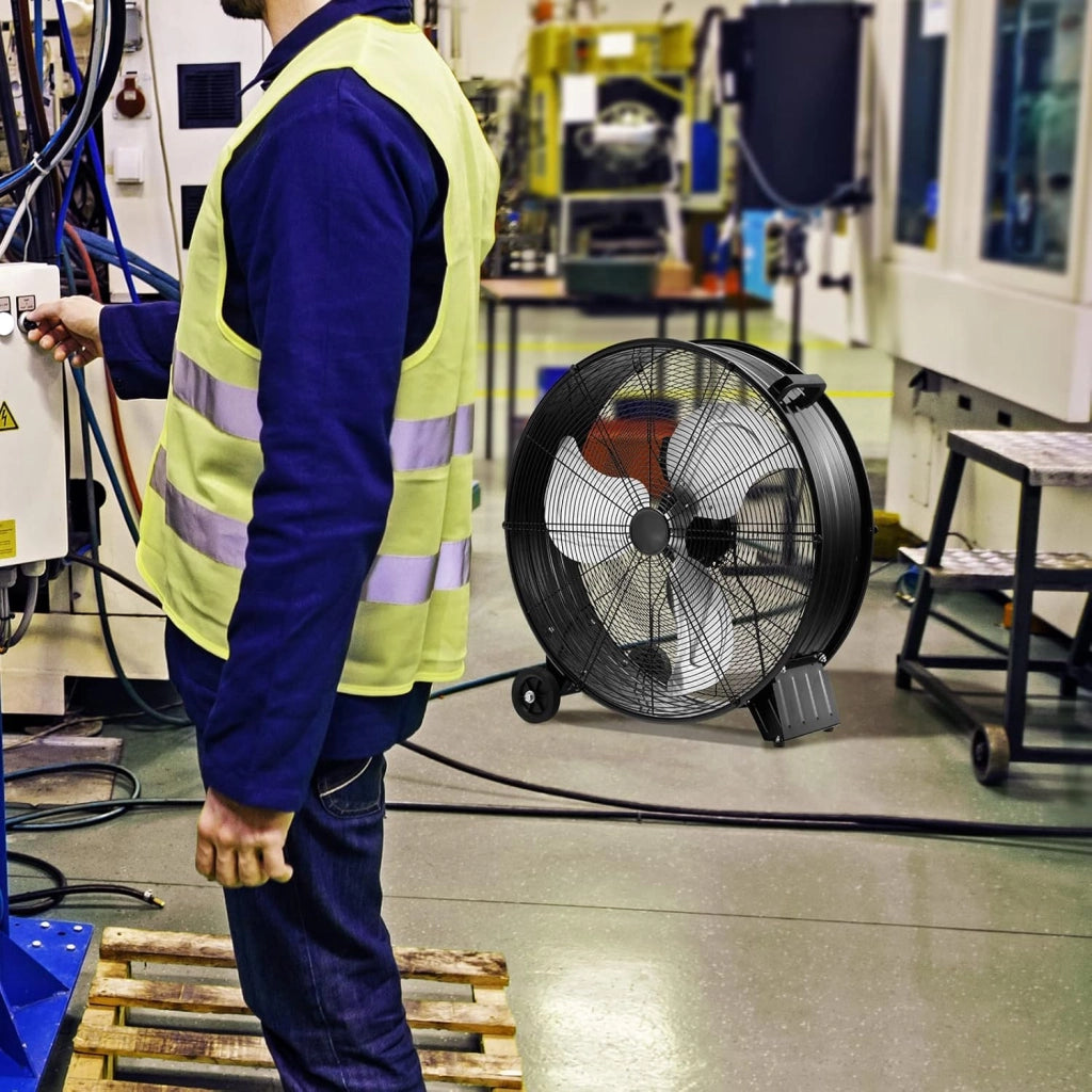 Ventilatore da Terra Industriale a 3 Velocità con Pale in Alluminio, Ventilatore a Piantana Potente ad Alta Velocità su Ruote in Gomma, 180W Max, 65x37x67 cm (Nero)