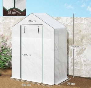 Serra con porta avvolgibile, finestre e ripiani 143 x 74 x 190 cm