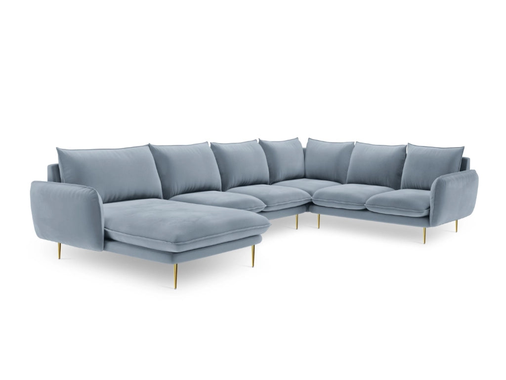 Cosmopolitan Design - Divano panoramico destro "Vienna" 7 posti in velluto azzurro 