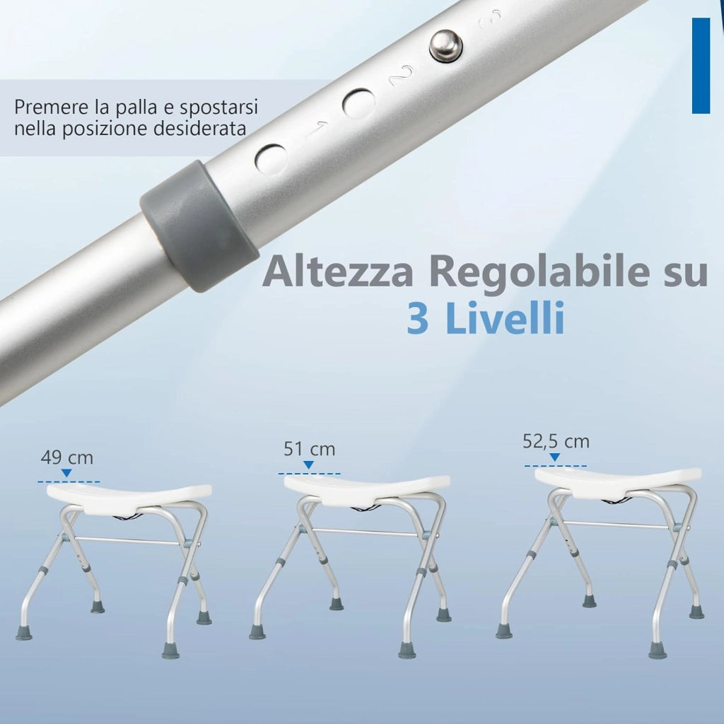 Sgabello per Doccia, Sedia per Doccia Pieghevole e Regolabile in Altezza a 3 Livelli con Maniglie, Leggero, per Anziani e Persone a Mobilità Ridotta, Portata 150 kg (Bianco)