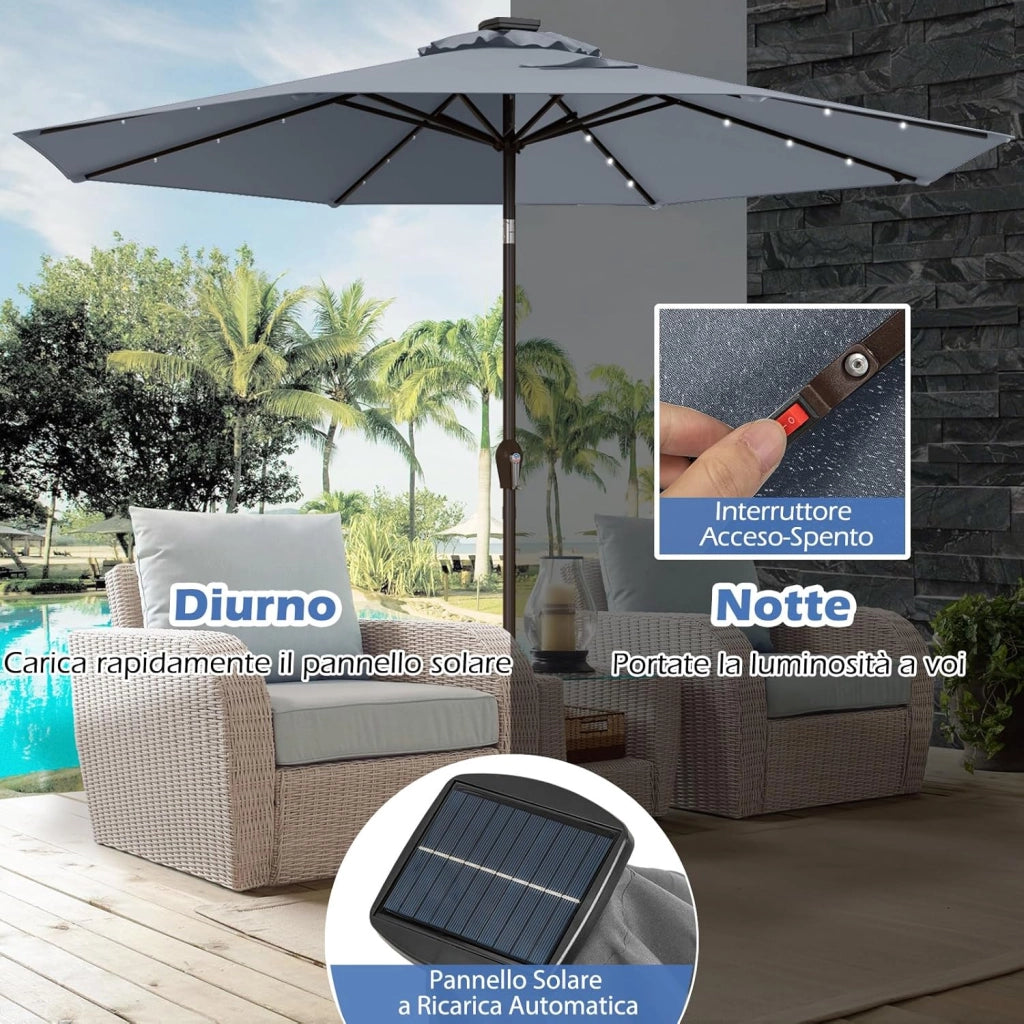 Ombrellone da Giardino da 300 cm, Parasole per Esterno con 24 Luci LED, con 8 Stecche in Metallo, Manovella e Inclinazione Regolabile, per Giardino, Coltile, Piscina (Grigio)