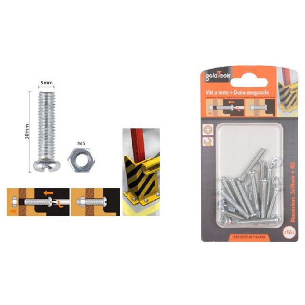 Trade Shop - Set 12pz Viti Vite Testa A Croce Tonda 5 X 30mm Con Dadi Dado Esagonale M5 90970 -