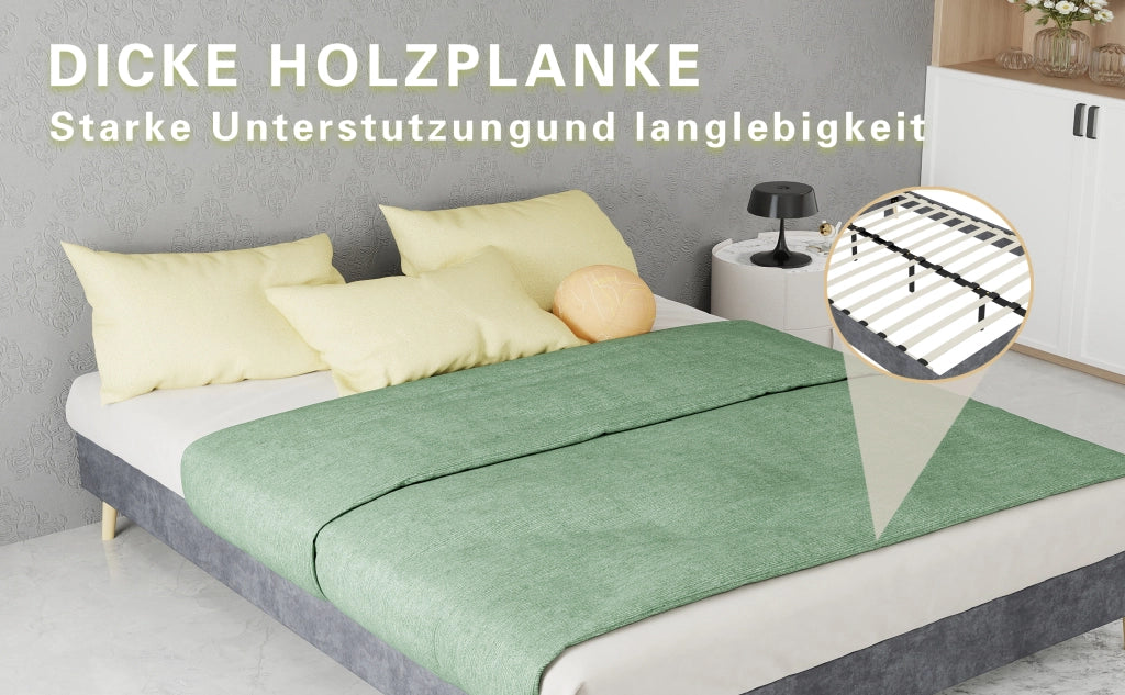 Letto a piattaforma imbottito in velluto olandese, grigio, 140x200 cm, senza testiera e materasso
