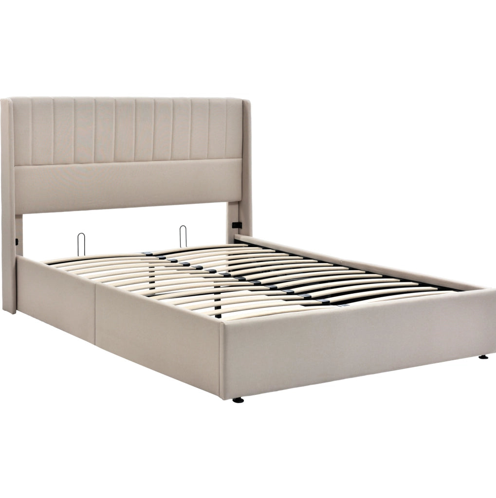 Letto matrimoniale imbottito con contenitore e sistema idraulico 160x200 cm; in lino beige