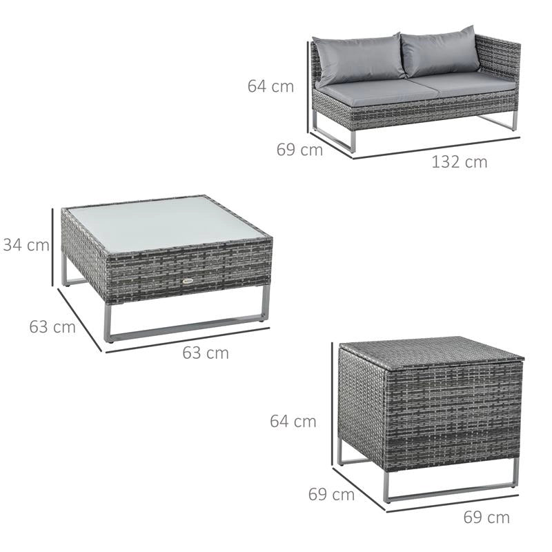 SET DA GIARDINO 4 PEZZI CON 2 DIVANI 2 POSTI, TAVOLINO DA CAFFÈ E TAVOLINO ALTO, IN ACCIAIO E RATTAN