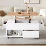 Tavolino da caffè sollevabile 100x50x52 cm con 4 ruote; 4 cassetti e piano estensibile bianco e legno