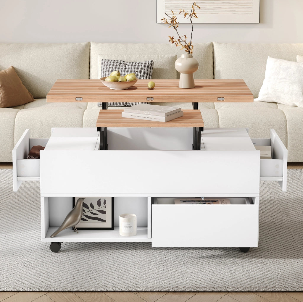 Tavolino da caffè sollevabile 100x50x52 cm con 4 ruote; 4 cassetti e piano estensibile bianco e legno