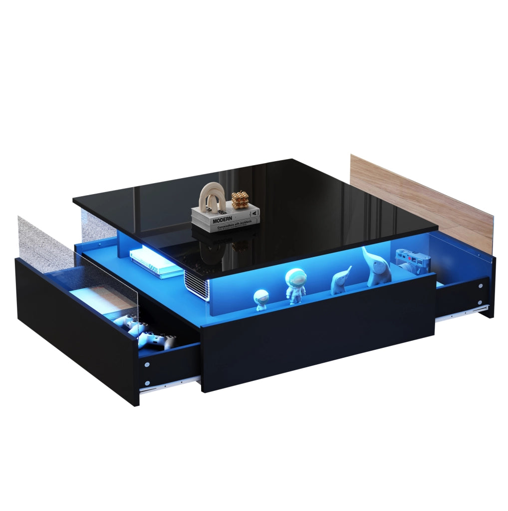 Tavolino da salotto moderno 70x70x41 cm nero in truciolare con LED; 2 cassetti e vano trasparente