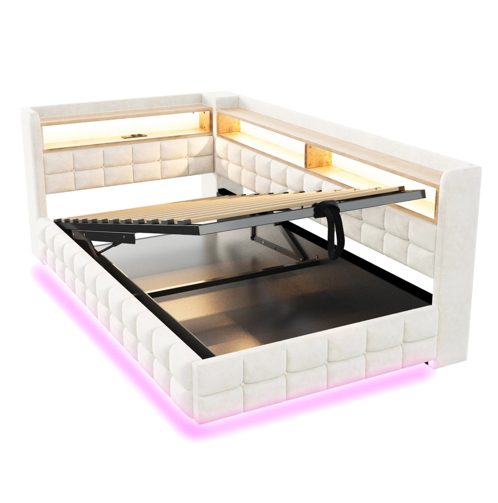 Letto imbottito multifunzionale con vano contenitore e LED