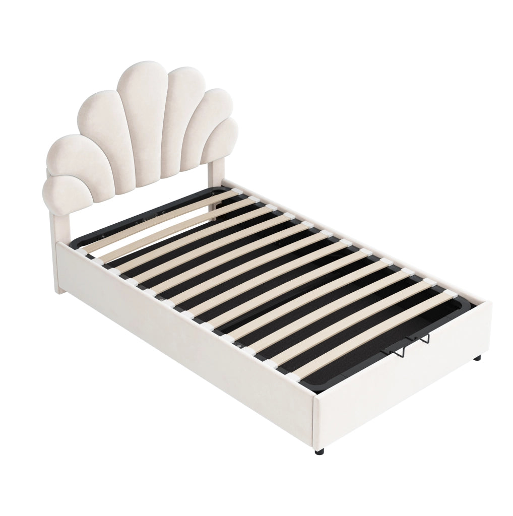 Letto singolo imbottito 90x200 cm beige con vano contenitore