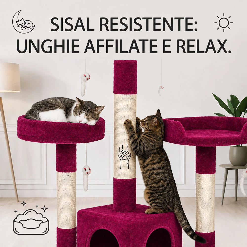 Tiragraffi per Gatti Albero Sisal Parco Giochi Gatto Tira Graffi 170cm Rosso Vin