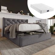 Letto Matrimoniale Contenitore Imbottito ¨C Xylo ¨C Tessuto Grigio 140x200 con Materasso
