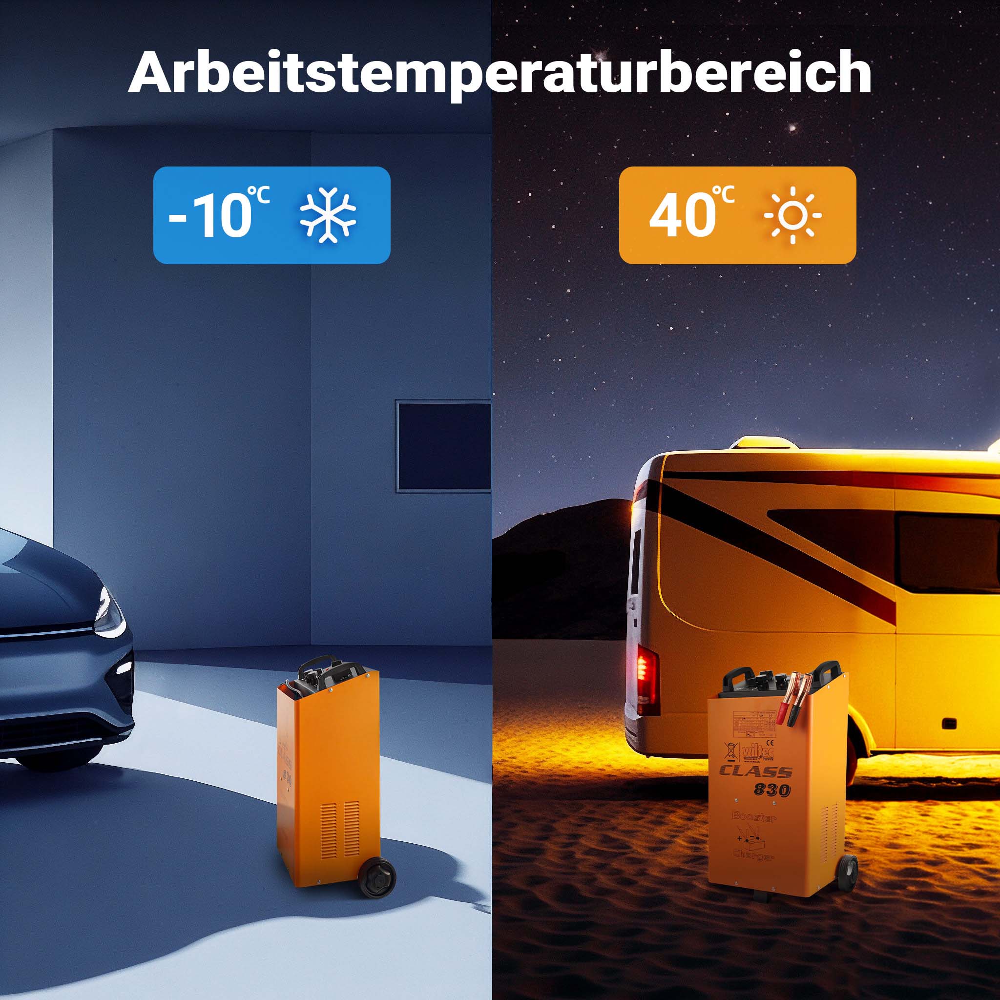 Caricabatterie da 12V e 24V con ruote, funzione d'avviamento, ricarica rapida