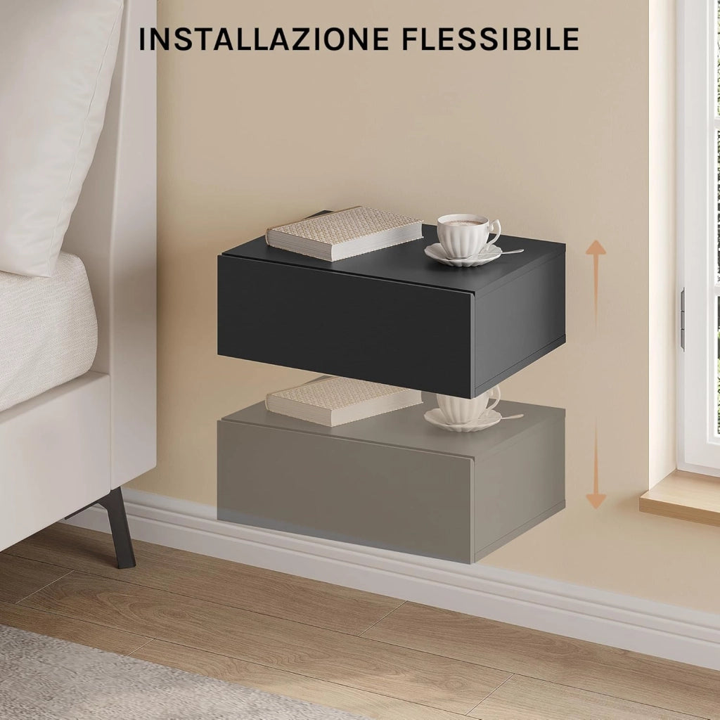 Set di 2 Comodini Galleggianti, Comodini a Parete Neri con Cassetto, Mensole da Letto, Mobili da Camera da Letto in Legno, NTS24sz-2