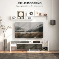 Mobile TV con Mensola a Muro, Ripiani Aperti e Armadietto in Legno, Bianco e Nero