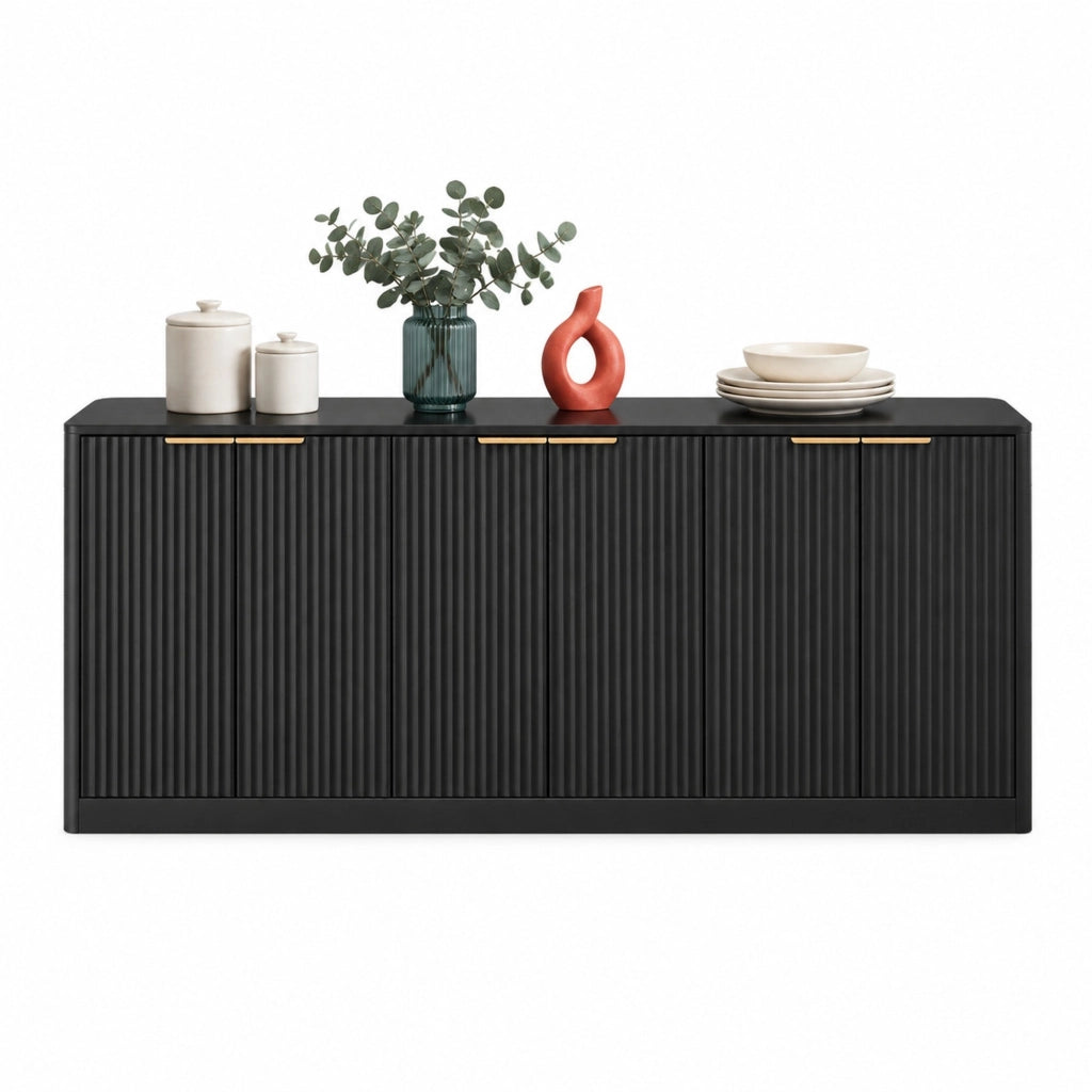 Credenza 170x40x70;5 cm a 6 ante in MDF con pannelli ondulati; nero