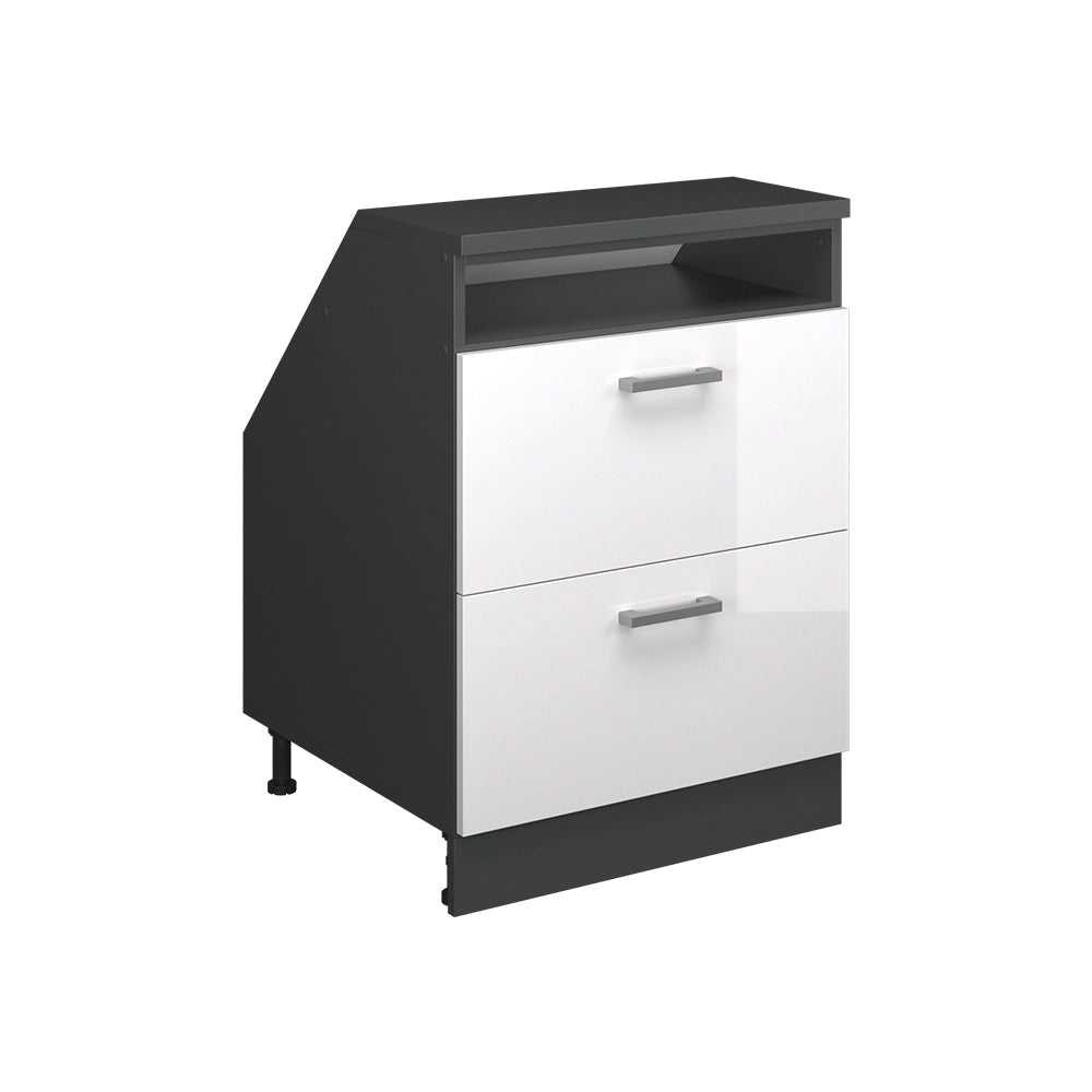 Mobile cucina sottotetto R-Line Bianco lucido/Antracite 60 cm con 2 cassetti, carcassa 60 cm profondità Vicco