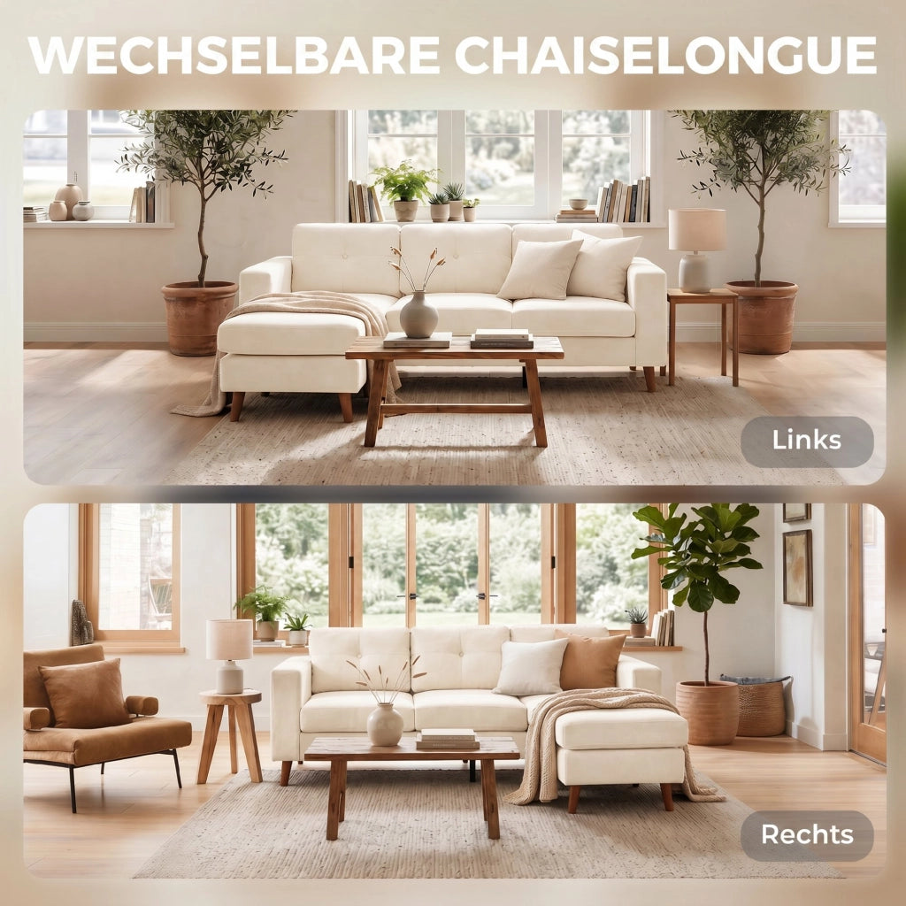 Divano Angolare 3 Posti con Chaise Longue Reversibile ¨C Zephmum ¨C Tessuto Crema 192 cm